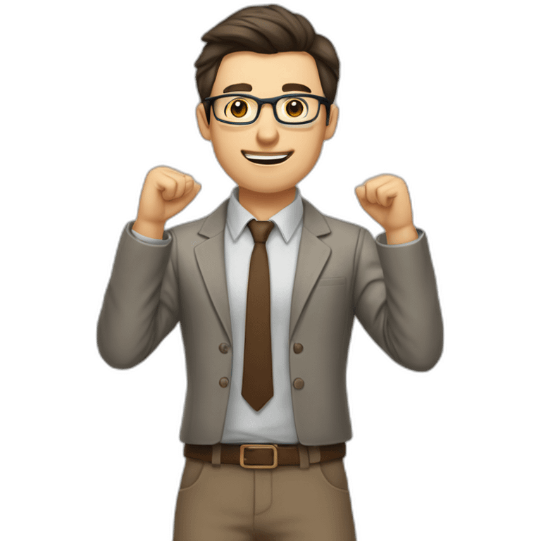 To belt Actively gesturing with hands Pale skinned fit man teacher with dark brown hair in gray jacket, beige office shirt, brown tie, brown pants and vintage glasses. emoji