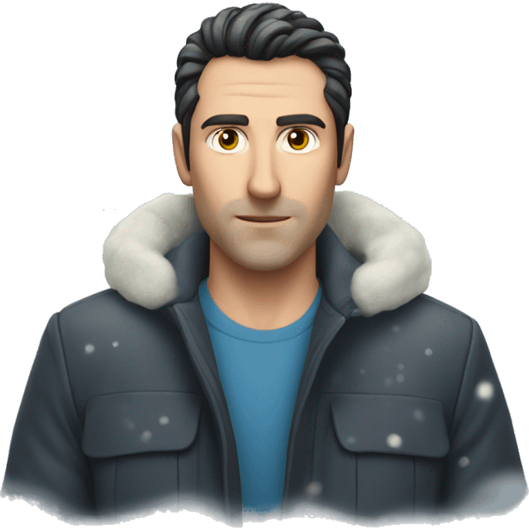 Caucasian man with dark slick hair being snowed on heavily emoji