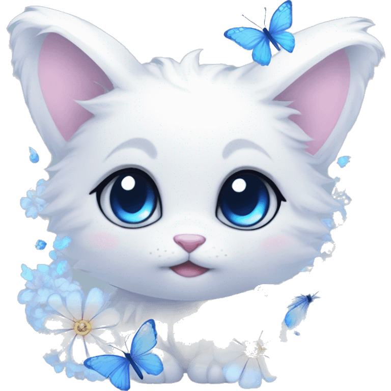 Edgy Cute Cool Kawaii gorgeous sparkly ethereal white fantasy animal with blue eyes sona with flowers and butterflies beautiful aesthetic emoji