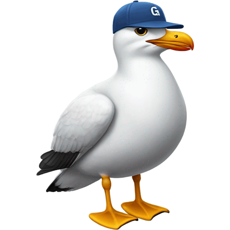 a seagull with a ball cap inscribed with the letter G emoji