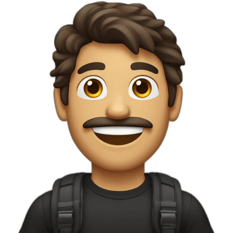 A stereotypical Portuguese young man waving with a big smile, a mustache, a bit of beard on the chin and a brown mullet (shaved on the sides), wearing a black t-shirt and a chest bag emoji