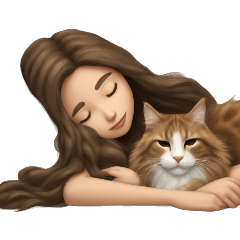 girl with long brunette hair sleeping cuddled with maine coon cat emoji