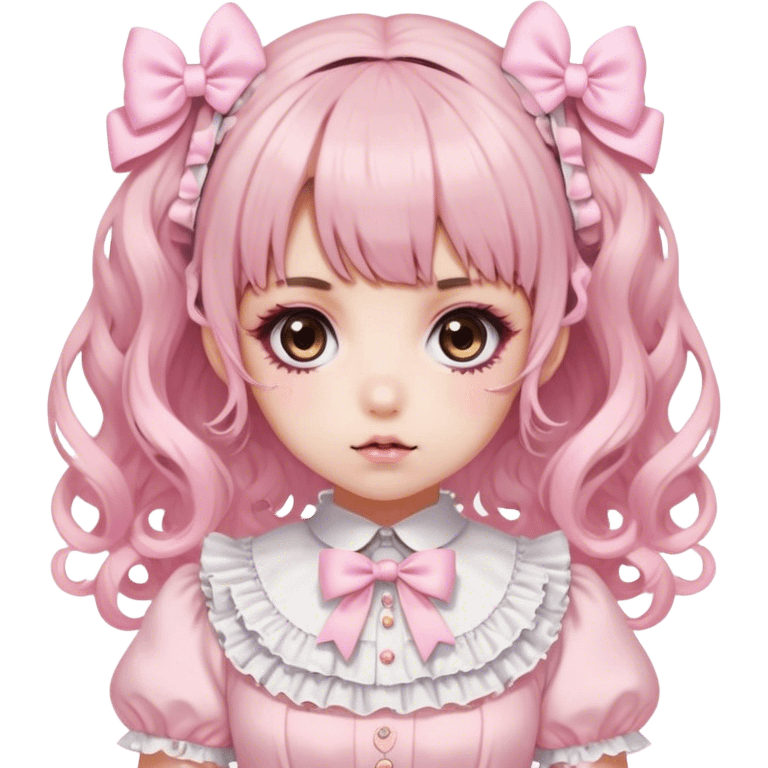 pale girl, who has curly medium length black and baby pink ends swirled hair with bangs and bows in hair, brown eyes, and doll like makeup, in a light pink lolita hime gyaru dress emoji