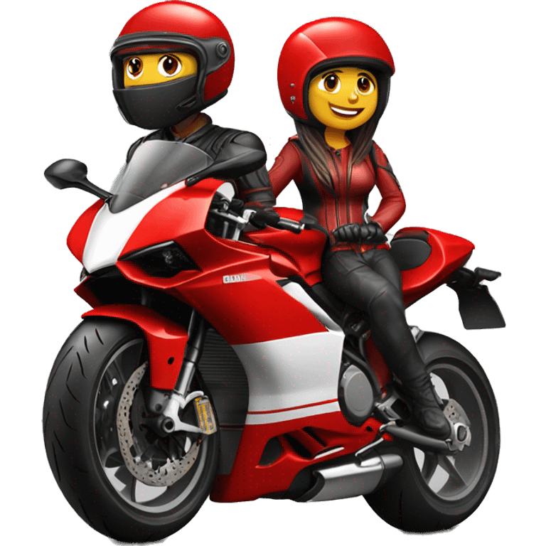 Biker couple wearing helmet in a red ducati 1098 motorcycle  emoji