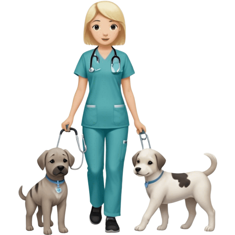 Blond white girl wearing nursing scrubs with 1 dog medium size white and gray and 1 dog large brindle and white, a dark skinned black guy with black short hair and their baby on a walk emoji