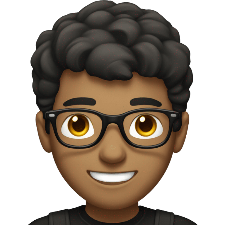 young man with a white and a friendly, confident smile. He has short dark hair and is wearing round glasses. He's dressed in a plain black t-shirt and he is working on a mac emoji