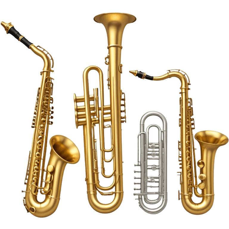 Create a professional and elegant emoji collage symbolizing wind instruments, using a combination of copper, white metal, and black wood. The design should feature iconic instruments like a trumpet, saxophone, tube, oboe, and horn. Each instrument should be represented with its key elements clearly visible.
Each instrument should be designed with realistic textures, including the gleam of metal and the deep, rich tone of black wood. Arrange the instruments in a balanced and harmonious way, making sure the elements are easily recognizable. Use metallic gold, silver, and copper tones with black wood accents. The background should be transparent to highlight the instruments. emoji