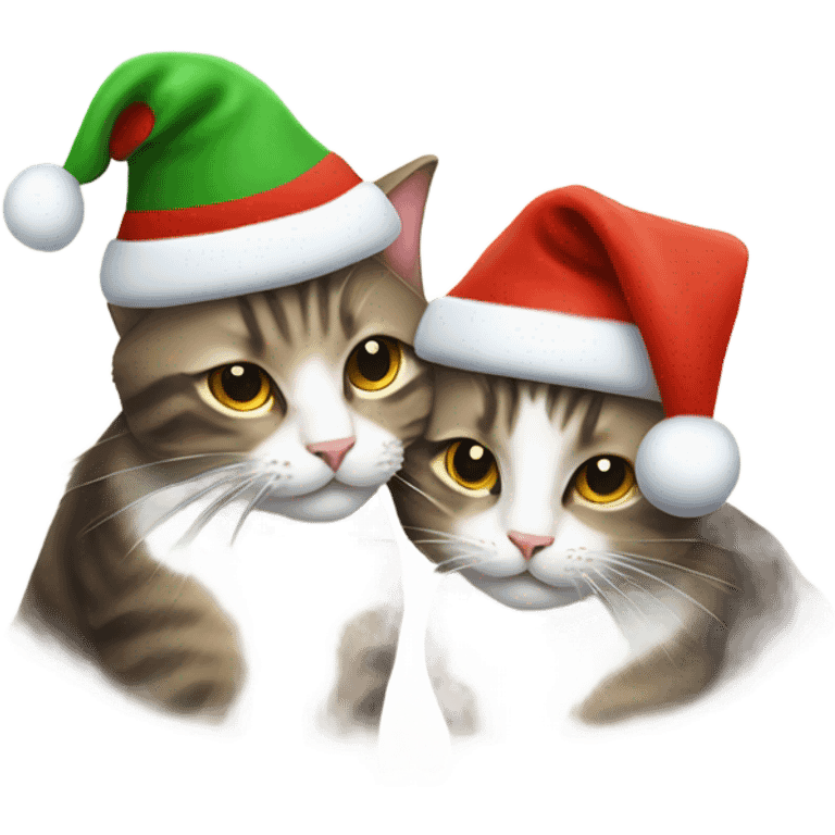 Cat with Christmas hat giving a kiss to another cat with a Christmas hat emoji