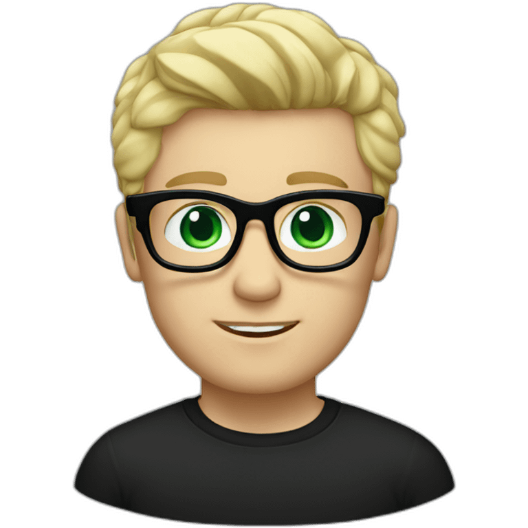 blonde hair white male wearing black shirt with bold blue glasses green eyes and blonde hair emoji