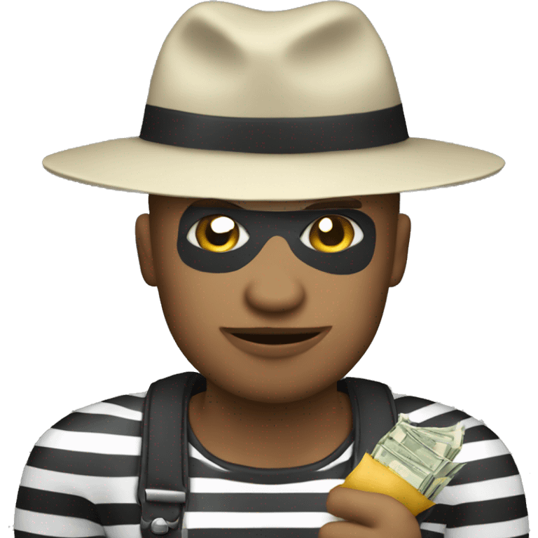 Thief with black and white stripes shirt wearing a hat holding a money bag emoji