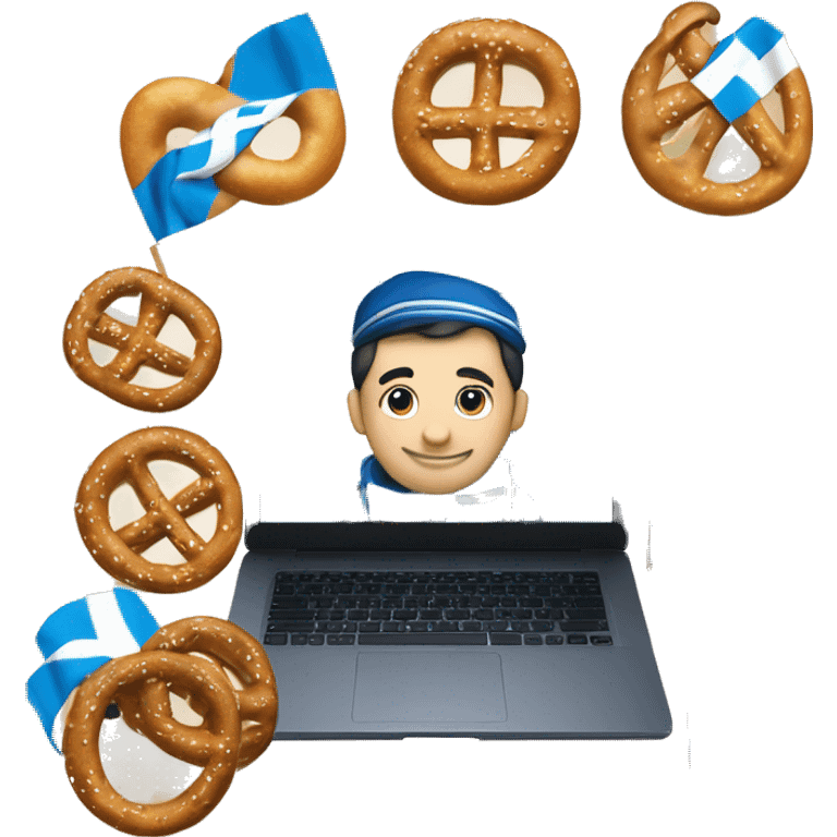 Create an emoji with a Bavarian Flag, blue and white colours, a "Lederhose", a laptop computer and one pretzel. emoji