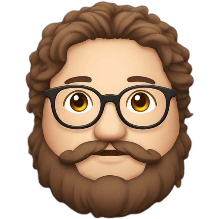 Chubby, non binary, round glasses, attached long brown hair, beard, sleepy emoji