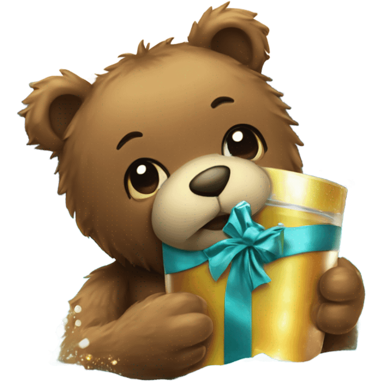 gruff teddy bear holding a gift that sparkles and a shot glass of liquor in the ocean emoji