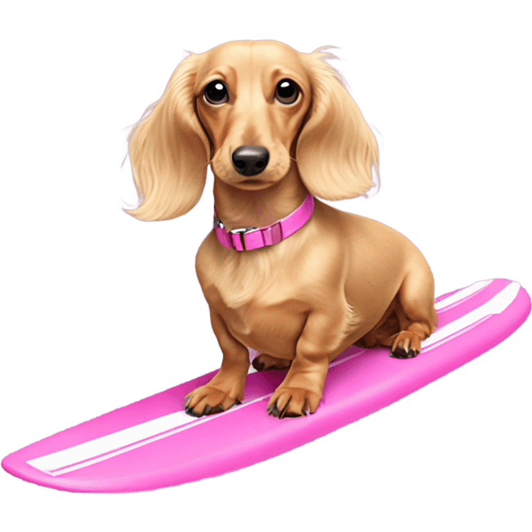 Long haired miniature dachshund cream colour with pink collar on waterskis emoji