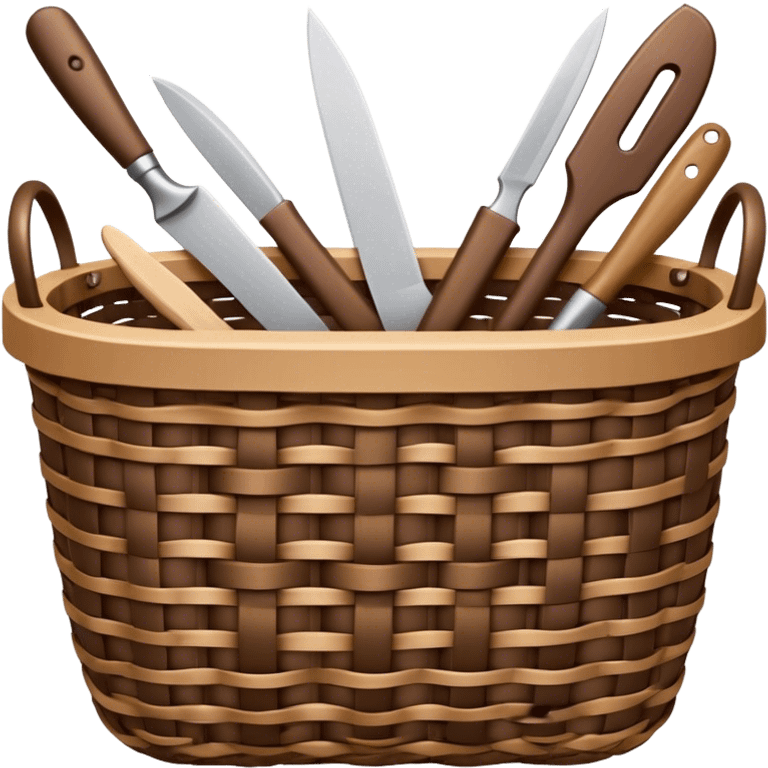 Wicker weaving icon, flexible wicker branches woven into a basket or decorative object, weaving tools like a knife or awl, intricate patterns, minimalistic style, clean lines, transparent background. emoji