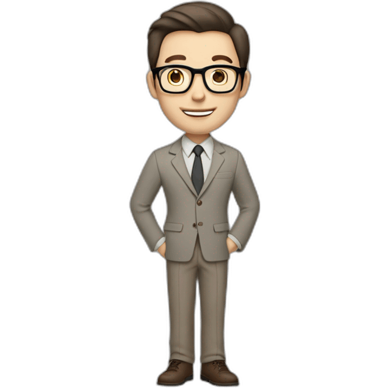 Full height Pale skinned Fit Man With dark brown hair in gray jacket, beige office shirt, tie, Brown pants and vintage glasses. Thrumbs of his palms directed up emoji