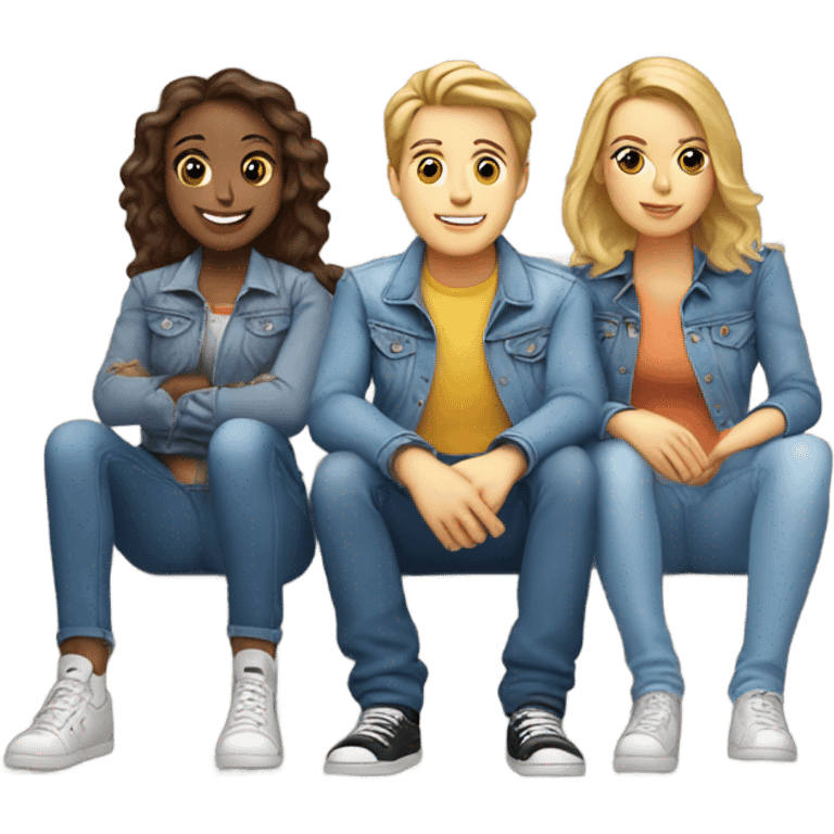 Two white girls and one white guy hanging out on stairs in denim outfits emoji