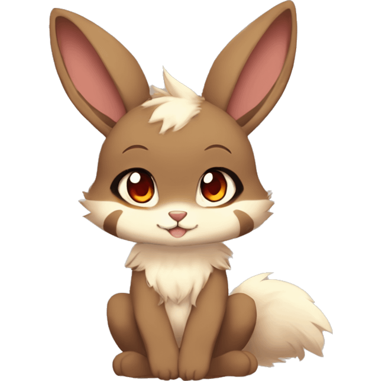 Cute, Chibi, Kemono-style, Anthro, Fur-Sona, Dark-Brown, Normal-type-Ground-type Tan-Rabbit-Fakémon with Dark-Red eyes, beige belly, beige paws, beige feet, beige freckles, full body emoji