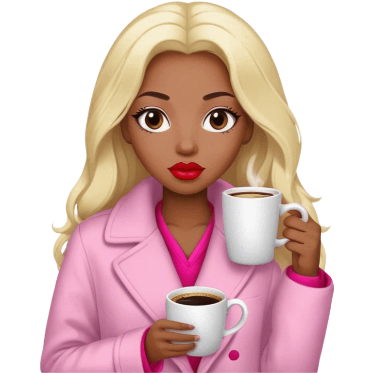 A black woman with a coat white a pijama pink, long blond Hair, coffe eyes, red lips  emoji