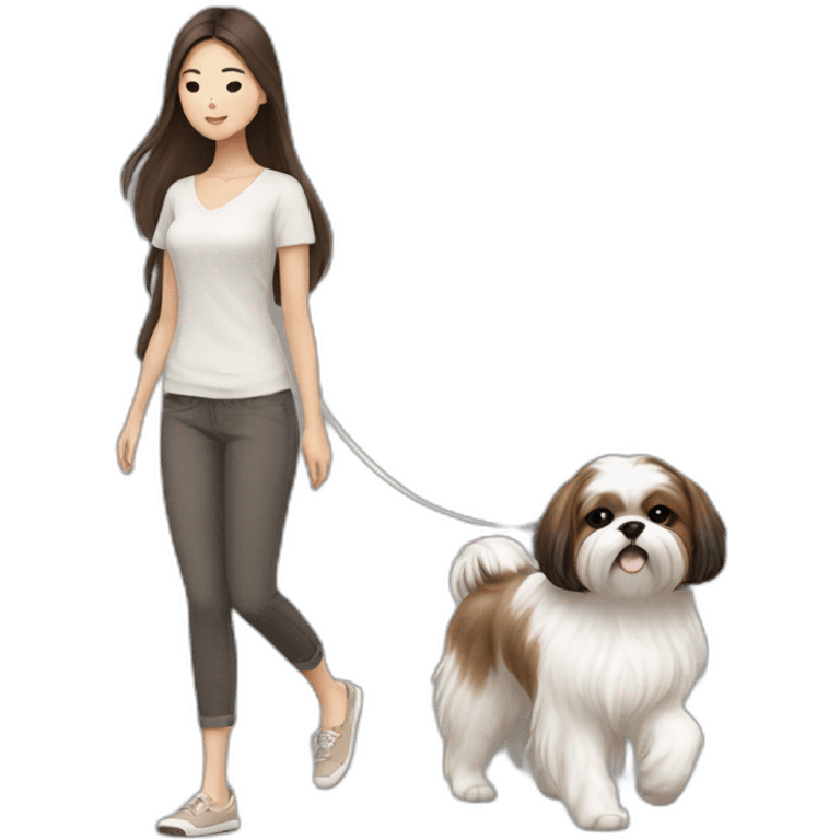 a asian girl with long brown hair walking with a white and brown shih tzu emoji