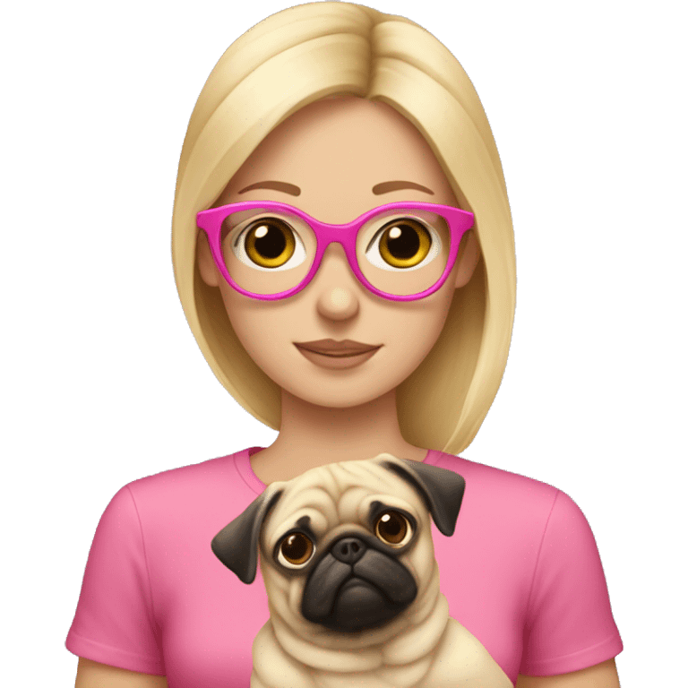 Blond girl with pink glasses wearing  a pink shirt holding a pug  emoji