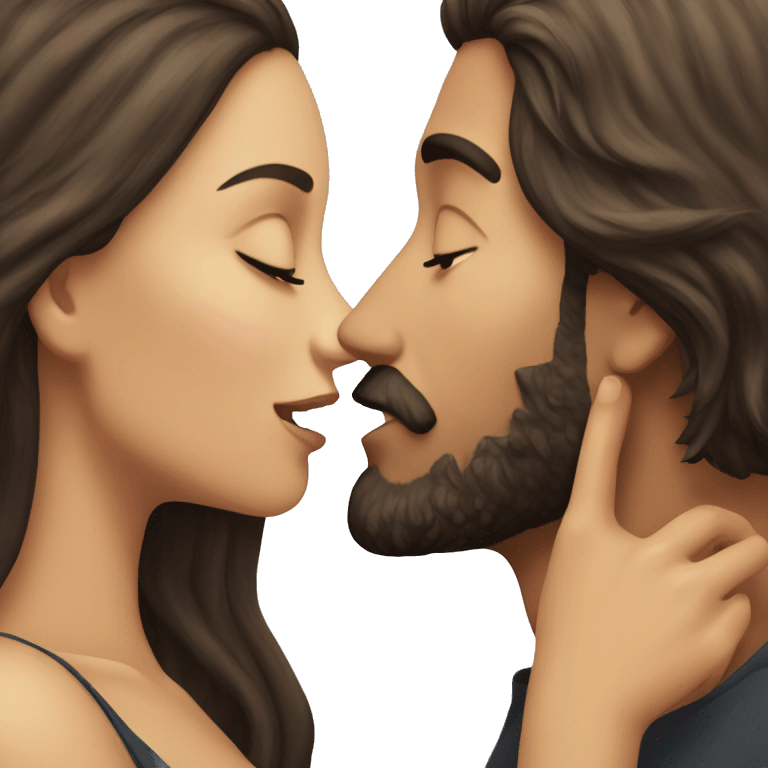 Brunette man with beard kissing brunette woman with long hair emoji