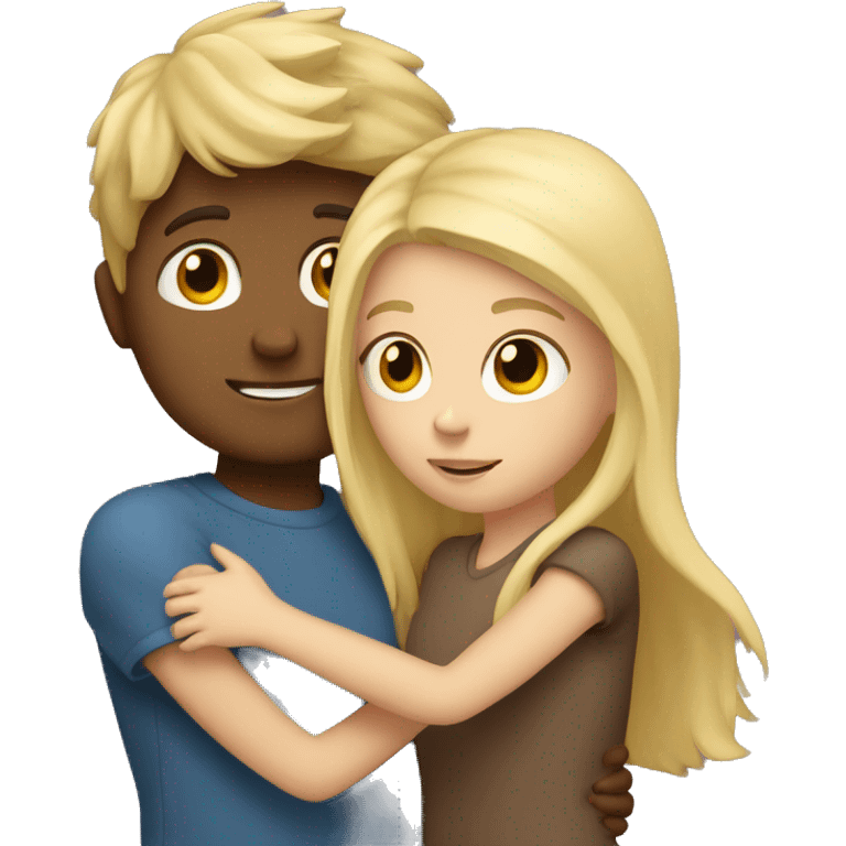 Boy with blonde hair hugging girl with brown hair emoji