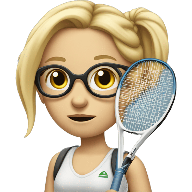 blond and very white tall german girl wearing jeans and normal clothes. She wear glasses and her hair with a bun.  She holds a tennis racket at hand and she look scared emoji