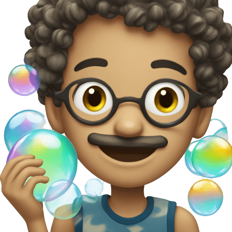 smiling boy with mustache coverd in soap bubbles  emoji