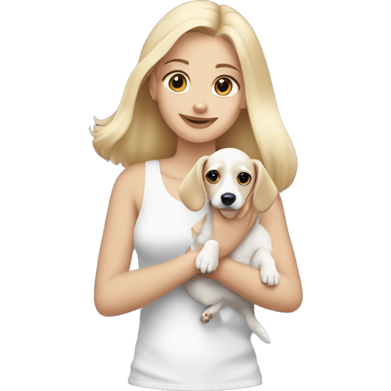 Blonde girl in white top holding a white dachshund puppy  emoji