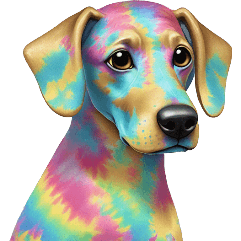 Multicolored rainbow retro groovy tie dye hippie trippy floral patterns on a metallic holographic iridescent blue dog face head unicorn emoji