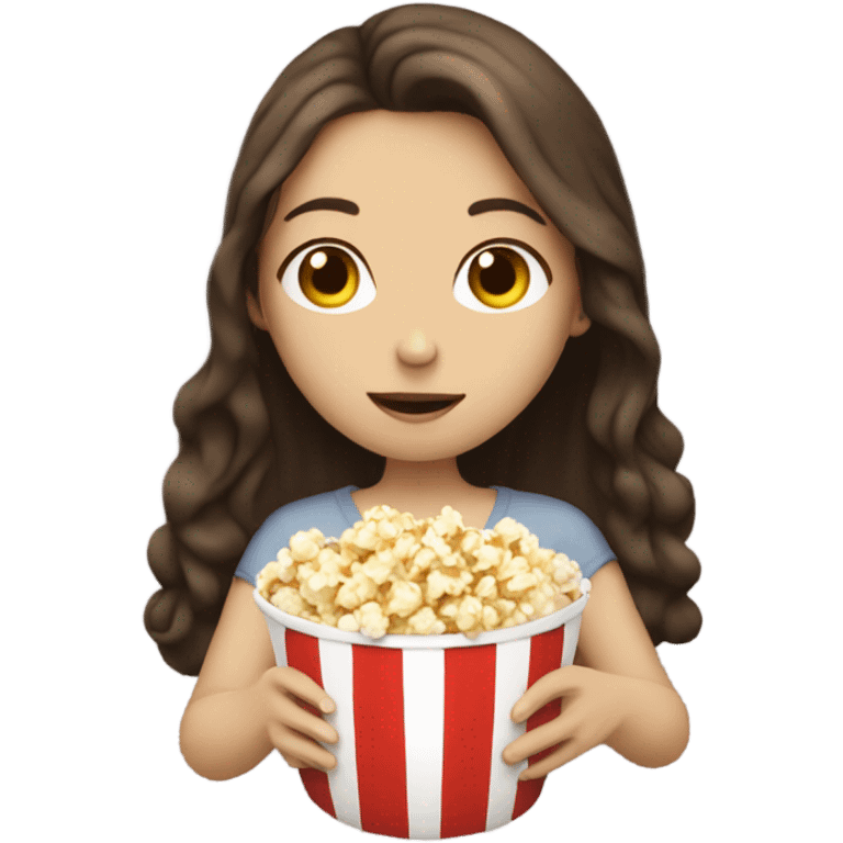 Girl with white skin and long brown hair, eating popcorn emoji