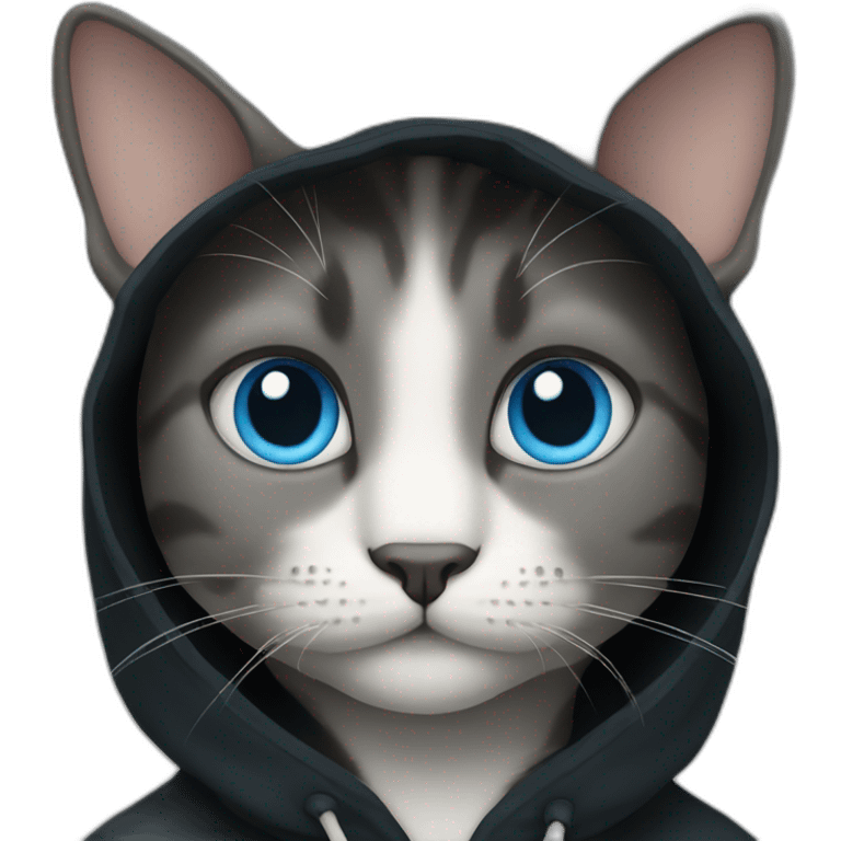 Cat in  black hoodie blue eyes emoji