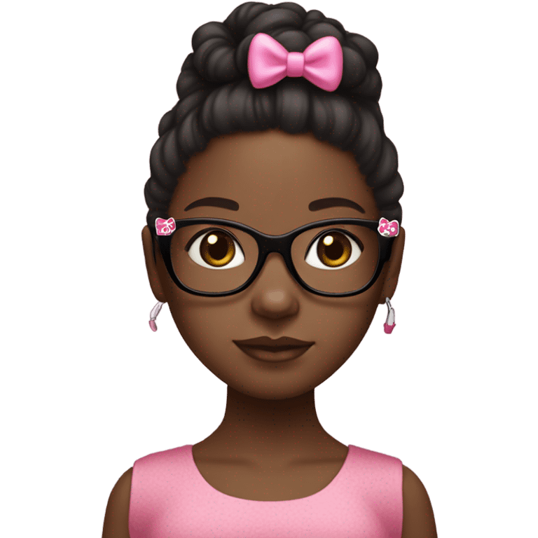 Black girl with long brown hair with a pink bow in her hair with black glasses with a hello kitty crop top on emoji