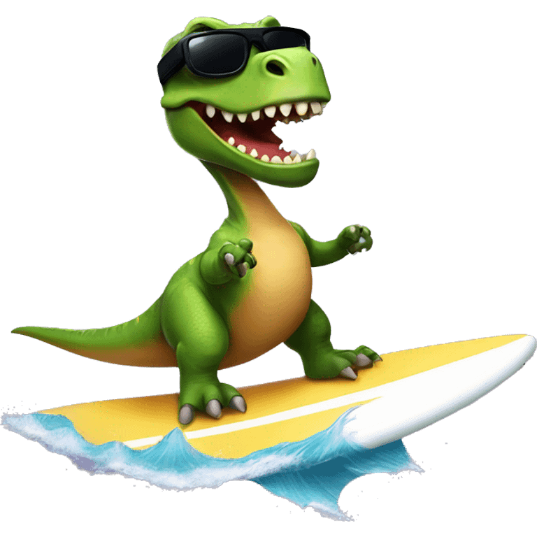 Dinosaur riding a surfboard with sunglasses emoji