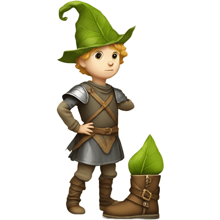 Medieval little whimsical little boy who is pale and he has a leaf hat and is about to get stepped on by a giant boot emoji