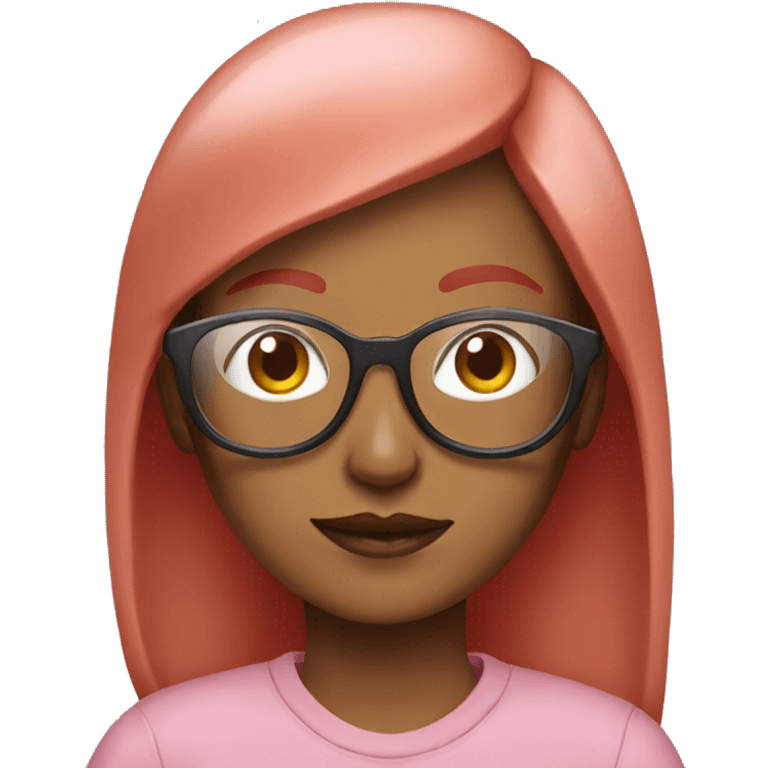 woman with red hair and bangs, with clear glasses and a pink sweatshirt emoji