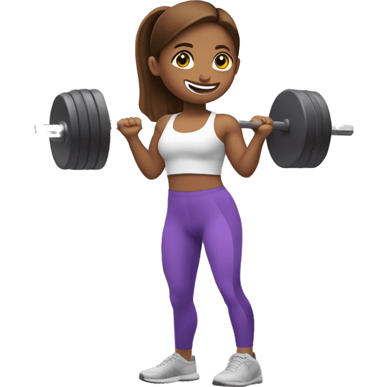 Girl lifting weight in the gym, blur eyes and brown hair, wearing purple leggings  emoji