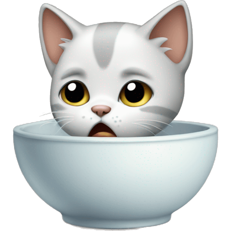 Sad crying kitten with empty bowl emoji