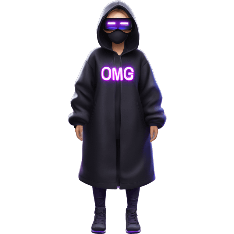 Russian girl wearing black hoody with violet letters "OMG", in vr headset oculus quest2. Standing like jedi. Cyberpunk style. Violet neon. emoji