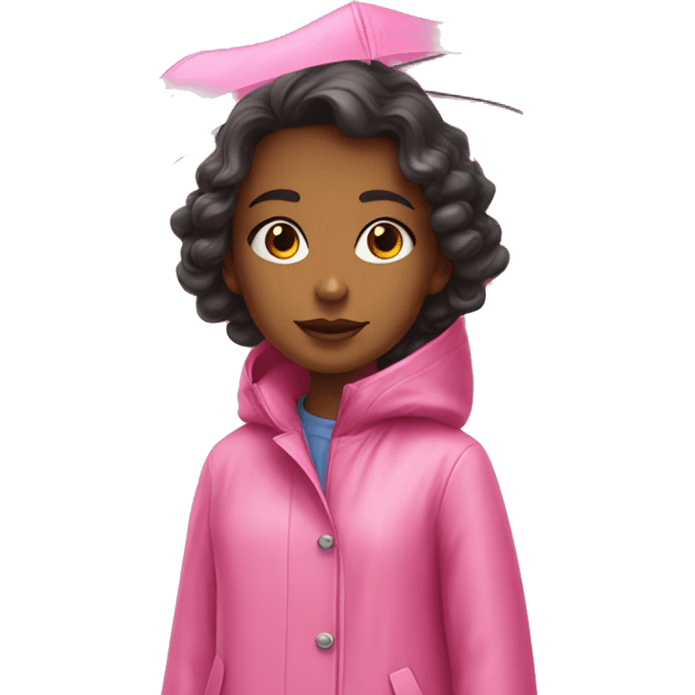 Girl in Pink wide dress raincoat pink rainboots in rain emoji