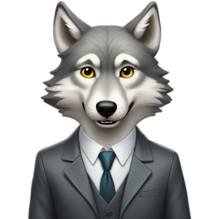 Portrait of a gray wolf showing fangs with a human-like face wears a sleek jacket and tie like a salesman reading a book emoji