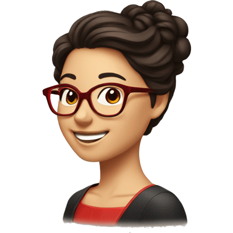 person with dark brown hair with a pronounced bust, updo and hair with red glasses, perfect smile, smiling in profile, with thoughts about chemistry emoji