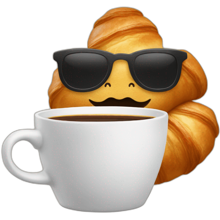 A croissant with a face with a mustache that drinks a cup of coffee emoji