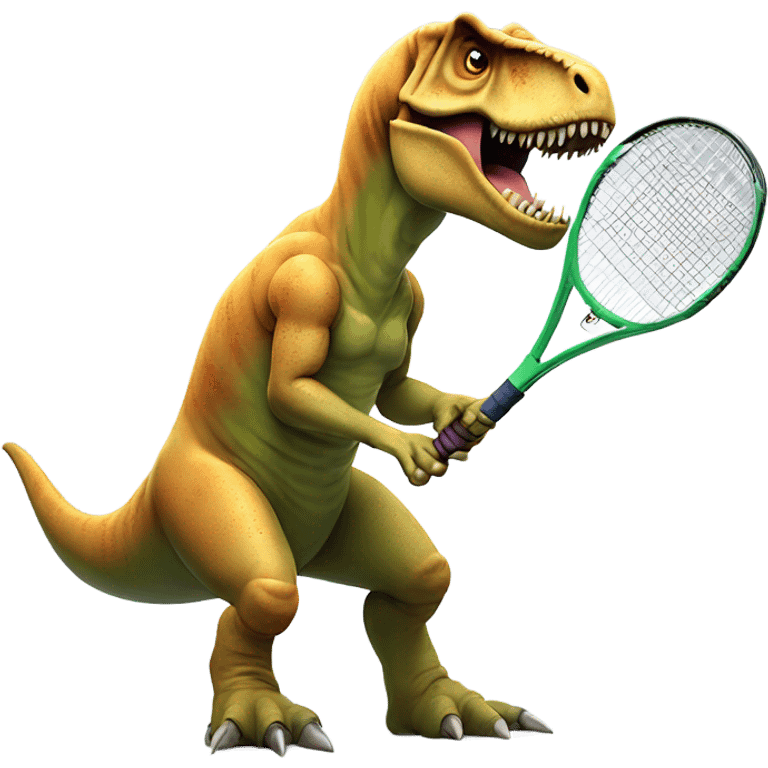 T. rex playing tennis with a missing arm  with angry face emoji