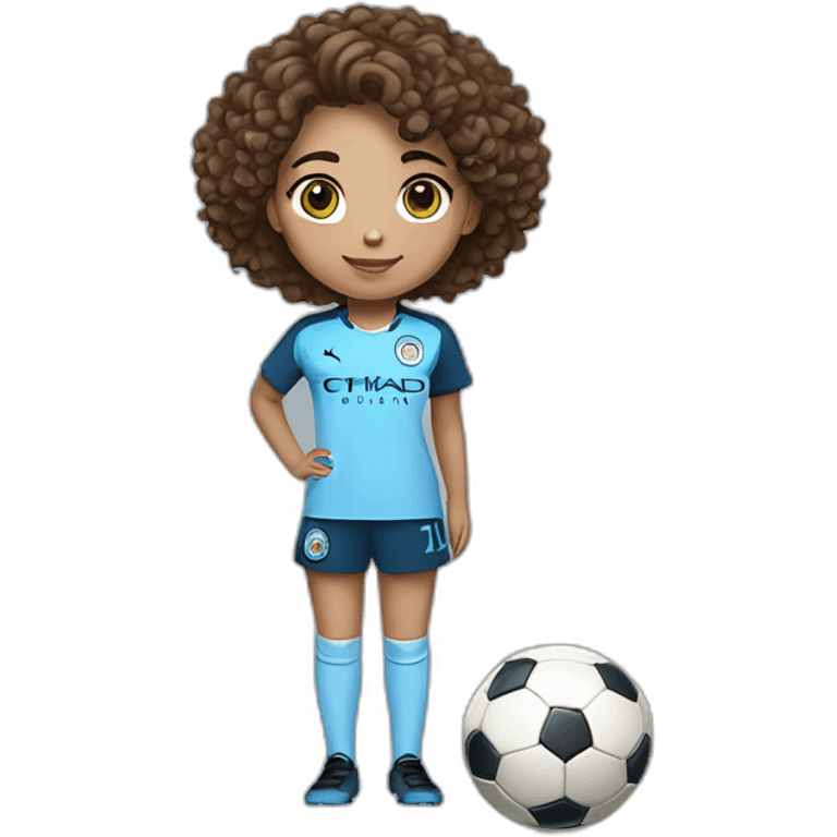 girl with short curly brown hair and eyes wearing Manchester City football shirt standing with a soccer ball emoji