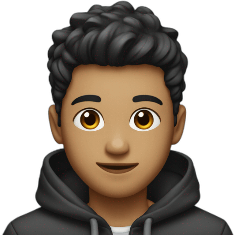 a fair boy with taper fades hairstyle, smiling, with black har, black eyebrown, black eyes, in a hoddie emoji