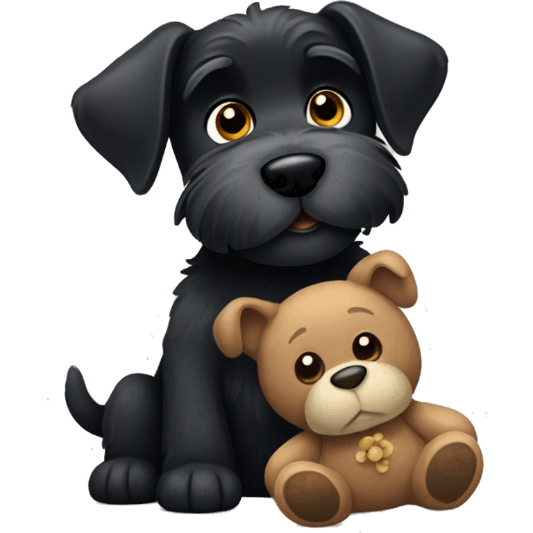 Black dog schnauzer playing with a teddy bear  emoji