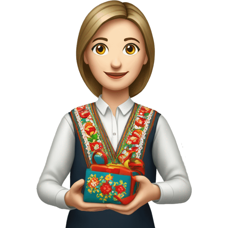 A female teacher in Ukrainian embroidery holds a gift in her hand emoji