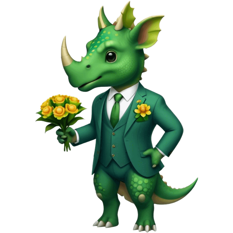 triceratops in suit holding flowers emoji